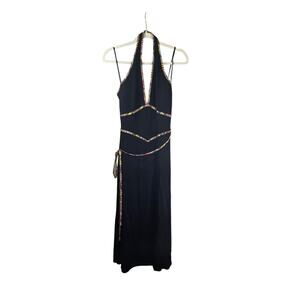 David Meister Women's Black Halter V Neck Dress Abstract Belt Size 6